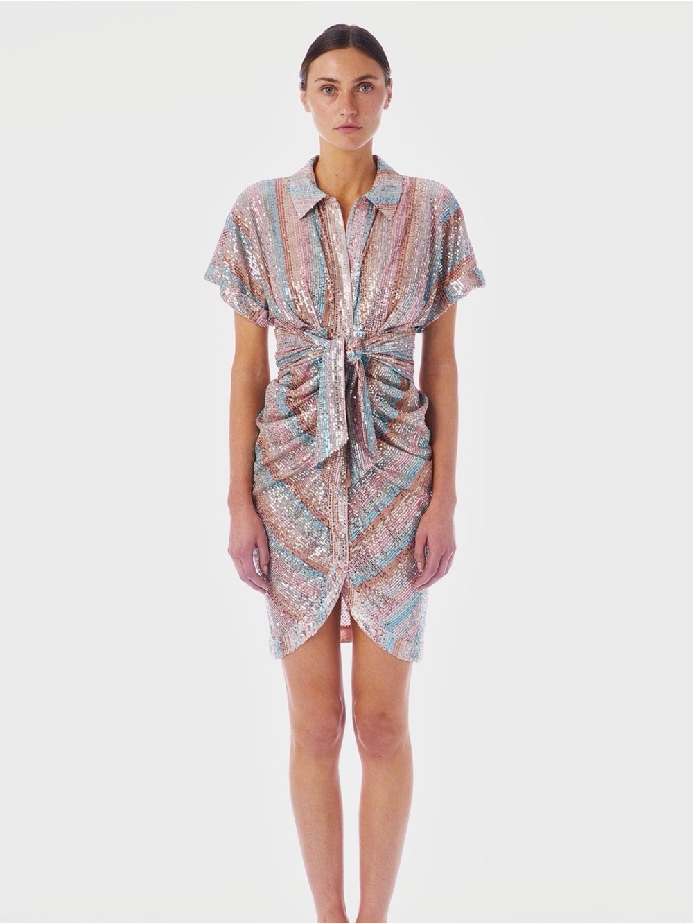 Sequin Stripe Tie-Front Swim Coverup in Pink Multi